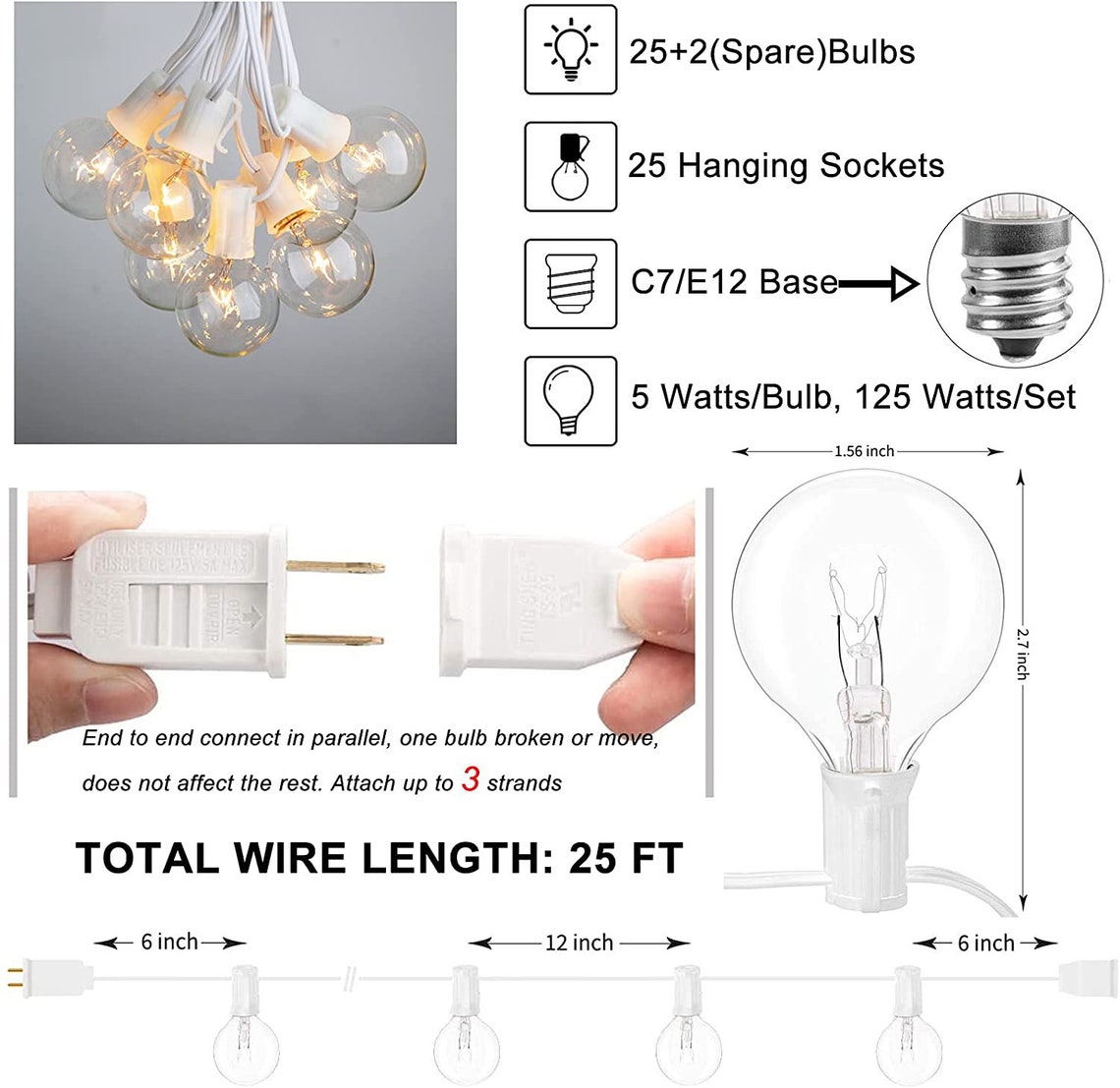 25ft Outdoor Patio String Lights mit 25 klar UL zertifiziert | Etsy