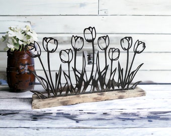 Spring Tulip Stand Floral Home Decor Tip Toe Row of Tulips Spring Flower Art Rustic Farmhouse Lasercut Brushed Metal Artwork Summer Artful