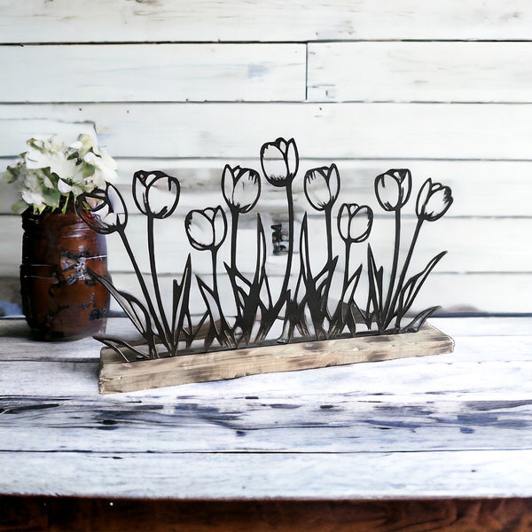 Spring Tulip Stand Floral Home Decor Tip Toe Row of Tulips Spring Flower Art Rustic Farmhouse Lasercut Brushed Metal Artwork Summer Artful