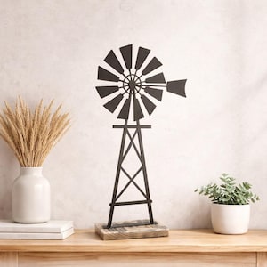 Farmhouse Metal Windmill Stand, Metal Farm Art, Metal Farmhouse Decor, Country Style Decor, Wind Mill Gift Ideas, Plasma Cut Farmstye Decor