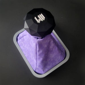 May include: A black, multi-faceted object with silver "LW" lettering rests on a purple fabric-lined, grey rectangular container. The container is set against a dark grey background.