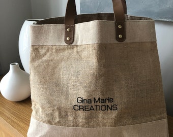 personalised black and leather jute shopper