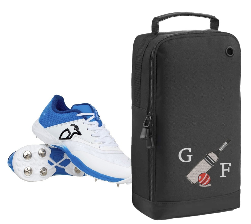 Personalised Embroidered Cricket Boots Bag - Monogrammed Cricket Bat & Ball Log Shoe / Boot Bag