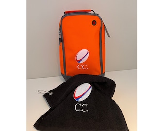 Personalised Embroidered Rugby Boot Bag and Towel all colours mix and match, ideal gift  with Rugby logo and your initials free P&P