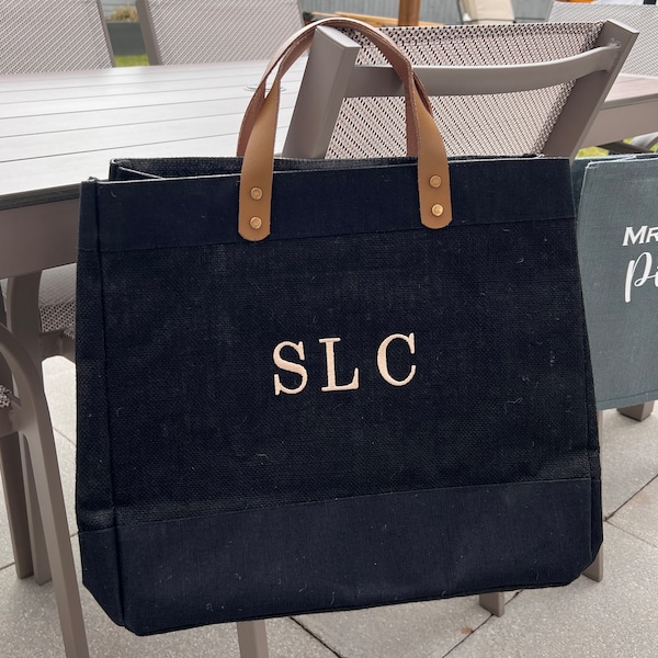 Monogrammed/Personalised Embroidered Luxury Leather Handle Hessian Natural or Black Jute Eco Tote Bag