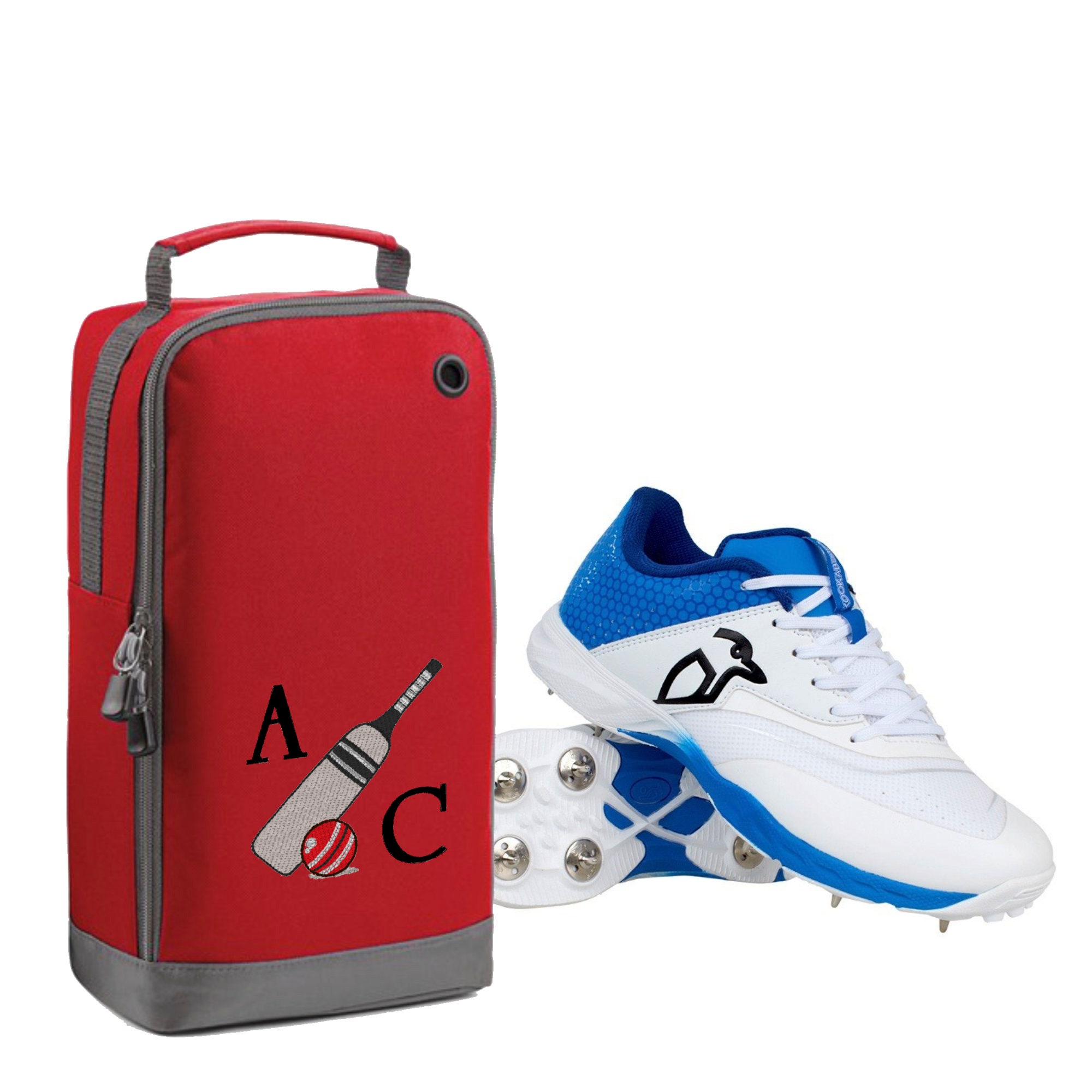 Personalised Embroidered Cricket Boots Bag - Monogrammed Cricket Bat & Ball Log Shoe / Boot Bag