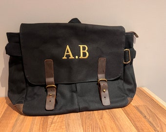 Personalised Embroidered Messenger Bag Waxed Canvas Bag with Initials or Name. Black or Olive Green Bag for work, college, school free P&P