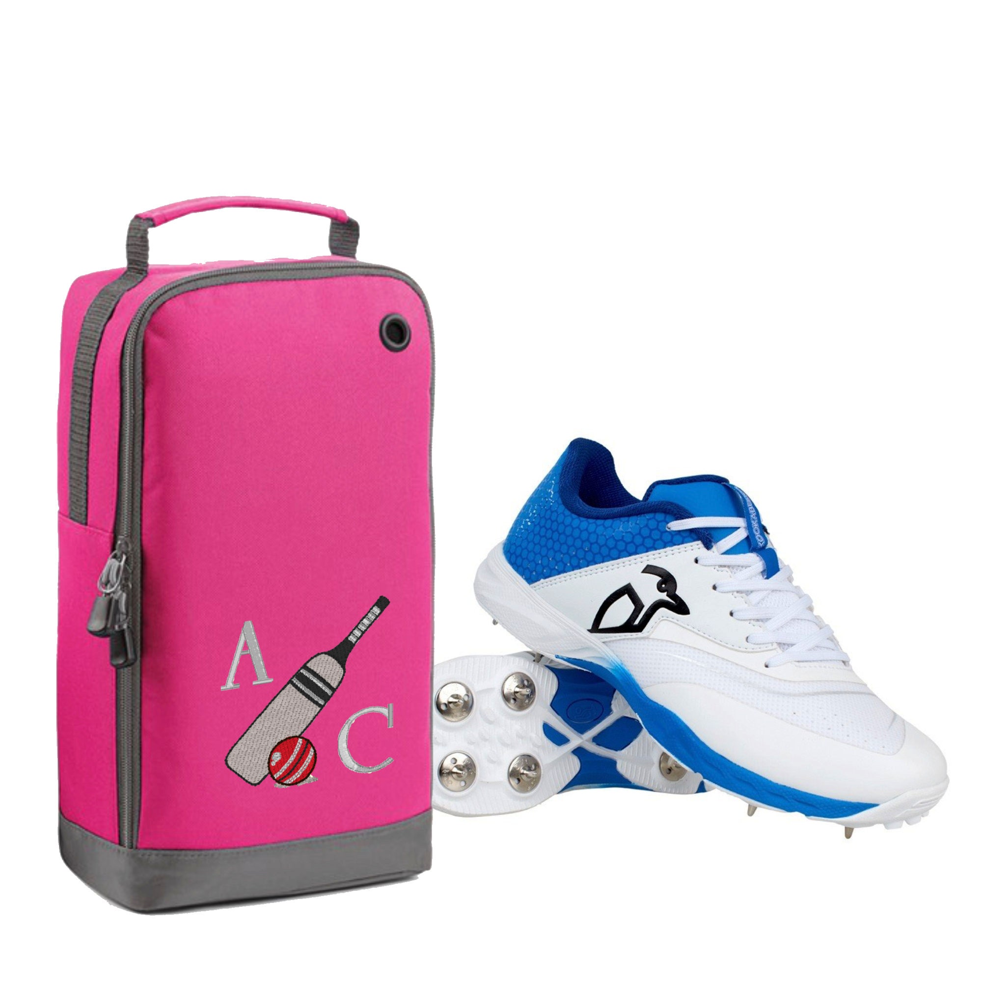 Personalised Embroidered Cricket Boots Bag - Monogrammed Cricket Bat & Ball Log Shoe / Boot Bag