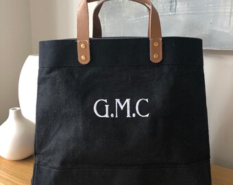 Monogrammed Personalised Embroidered Luxury Leather Handle Hessian Natural or Black Jute Eco Tote Bag