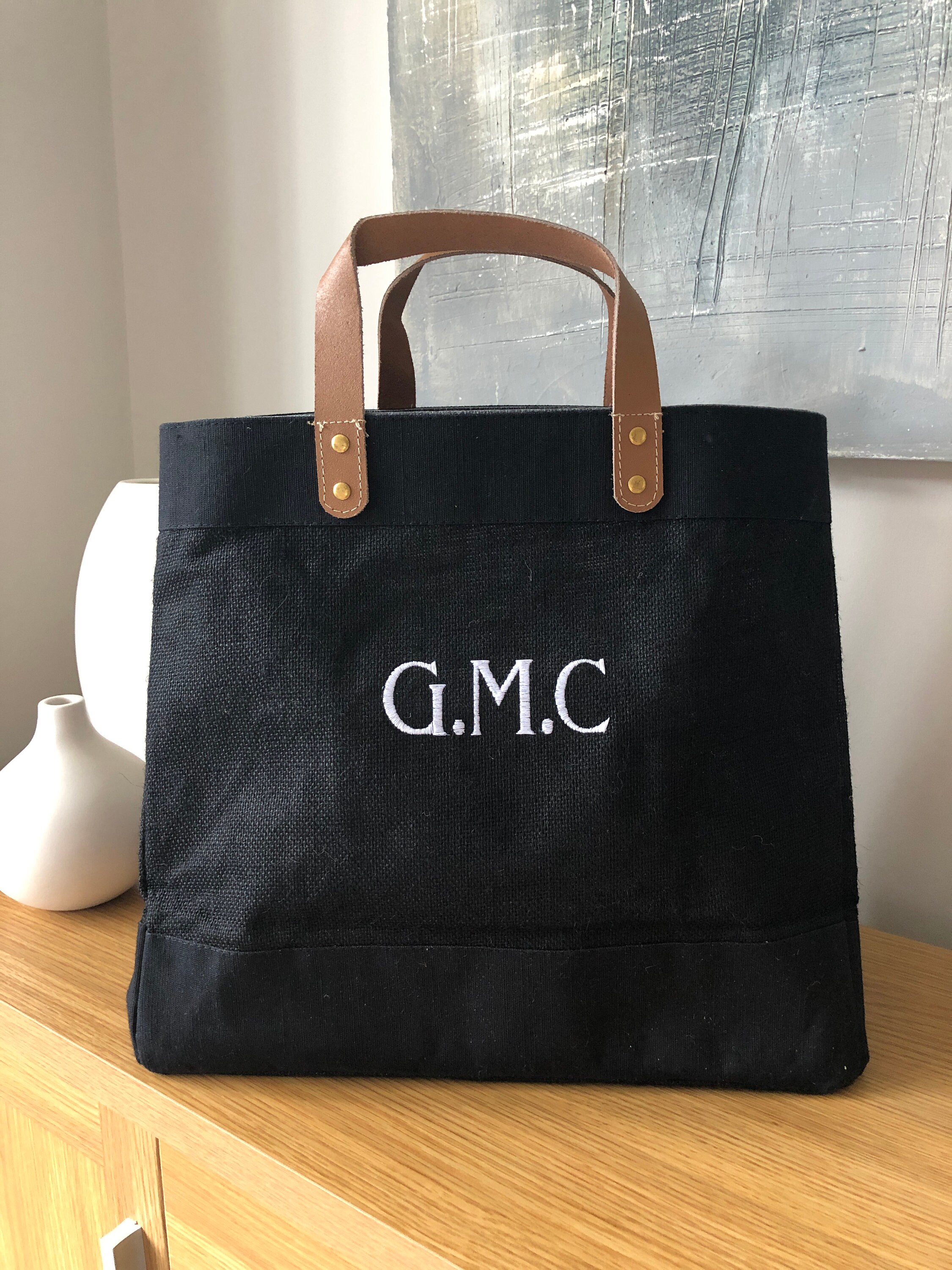 Personalised black and leather jute shopper Clearance