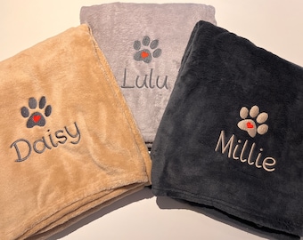Personalised Embroidered Pet Dog Blanket in 2 sizes with 3 colour options and free P&P