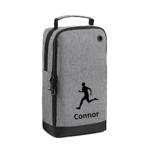 May include: Grey shoe bag with a black zipper, a black running figure, and the name "Connor" printed on the front.