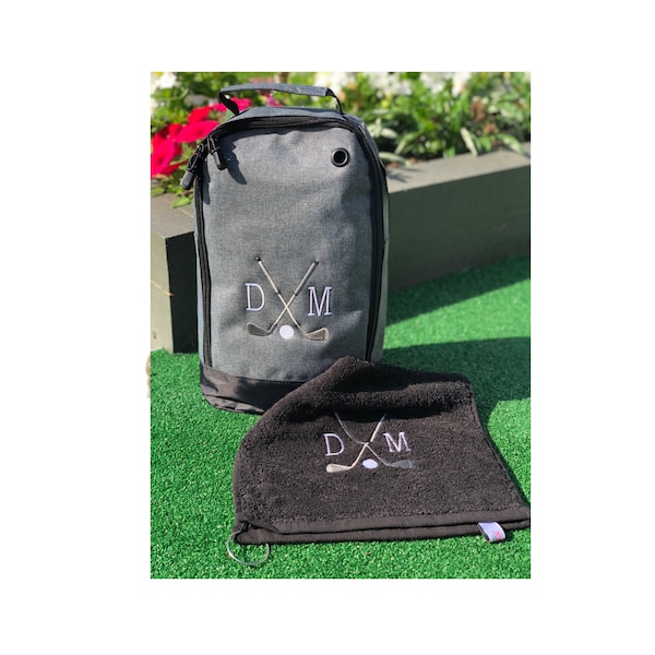 Personalisierte bestickte Golf-Schuhtasche und Handtuch, alle Farben kombinierbar, ideales Geschenk mit Golf-Logo und Ihren Initialen, kostenloser Versand