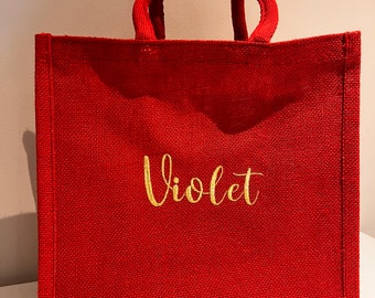 Sac cadeau en jute rouge avec personnalisation brodée, frais d'expédition et de transport gratuits inclus