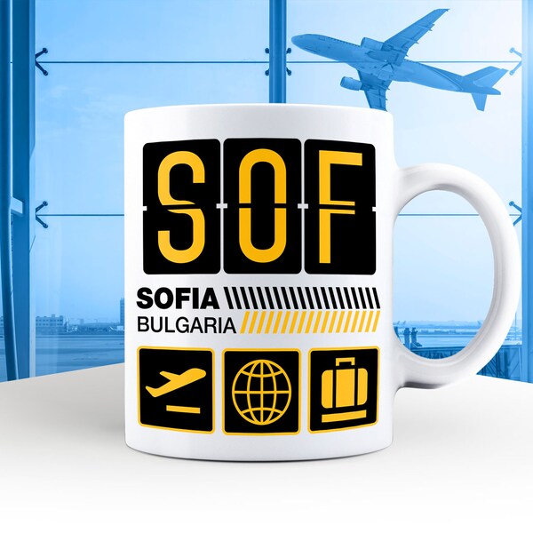 Swarovski Airport Tag, Bulgarien Urlaubsreise, SOF Flughafen Code, Sofija Urlaub Becher, SOF Gepäckanhänger, Sofija Geschenk Souvenir Becher