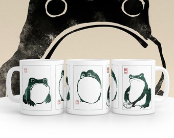 Unimpressed Frog Mug, Matsumoto Hoji Japanese Art Cup, Sad Grumpy Frogs, Cottagecore Toad, Meika Gafu Woodblock Prints