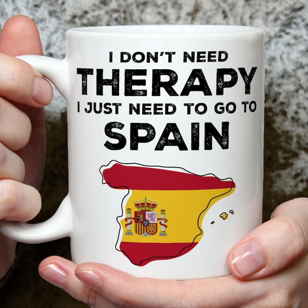 Regalo de amante de España, taza de España, bandera de España, vacaciones en España, regalo de amante de viajes, terapia divertida, copa de vacaciones de España, taza de recuerdo