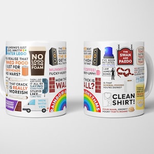 May include: White ceramic mug featuring a collage of colorful text and graphics. The design includes phrases like "Clean Shirt!" and "I've been initiated." A fun and quirky item, perfect for coffee or tea.