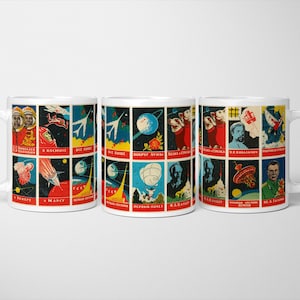 Soviet Space Art Propaganda Mug, Retro USSR Rocket Satellite