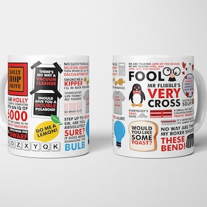 May include: Two white ceramic mugs with humorous text and graphics. One mug has phrases like "Vacuum Cleaner" and "Double Polaroid!" The other mug features "Fool" and "Mr. Fribble's Very Cross" in a bold font.