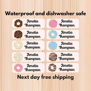 Donut wasserdichte Tagespflegeetiketten, spülmaschinenfeste Aufkleber, Namensaufkleber, Schulbedarf, Namensetiketten, benutzerdefinierte Etiketten, Wasserflaschenetiketten