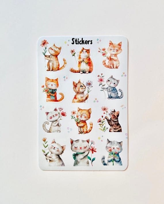 Cute Cat Sticker Sheet | Kawaii Cat Stickers | Vinyl Planner Stickers | Laptop Water Bottle Journal Cat Decals | Gift for Cat Lovers