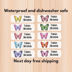 Schmetterlinge wasserdichte Tagespflege Aufkleber, spülmaschinenfeste Aufkleber, Namensaufkleber, Schulbedarf, Namensetiketten, benutzerdefinierte Etiketten, Wasserflaschenetikett
