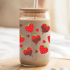 Chocolate strawberry Libbey Can Glass, Iced Coffee Glass can, Galentines Gift For her, Libbey glass cup, Glass Cup With Lid and Straw