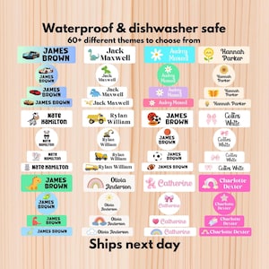 May include: A collection of waterproof and dishwasher-safe name labels with various themes. The labels feature names like James Brown, Jack Maxwell, and Olivia Anderson, with colorful illustrations and text. The text "Ships next day" is also visible.