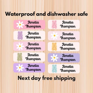 Niedliche Bären wasserdichte Tagespflege Aufkleber, spülmaschinenfeste Aufkleber, Namensaufkleber, Schulbedarf, Namensetiketten, benutzerdefinierte Etiketten, Wasserflaschenetiketten