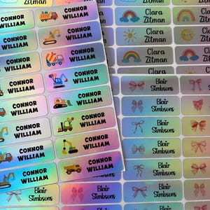 Étiquettes holographiques, étiquettes imperméables pour garderie, étiquettes de camp d'été, autocollants nominatifs, fournitures scolaires, étiquettes nominatives, étiquettes personnalisées