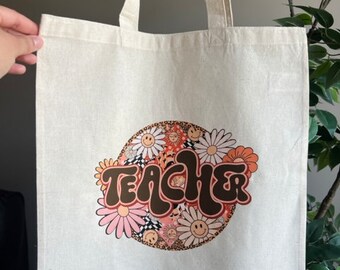 Retro teacher tote bag, floral tote bag, summer vibes tote bag, back to school tote bag, smiley face tote bag, boho tote bag, teacher gift