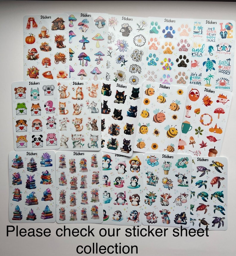 May include: A collection of sticker sheets featuring various designs. The stickers include autumn-themed images like pumpkins and mushrooms, cute animals, bees, books, penguins, and turtles. The text "Please check our sticker sheet collection" is at the bottom.