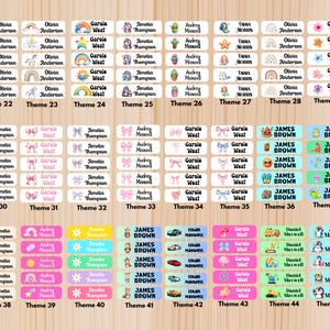 May include: A collection of colorful name labels with various themes. Each label features a name and a decorative image, such as rainbows, butterflies, and cacti. The labels are arranged in rows and columns, with theme numbers displayed.