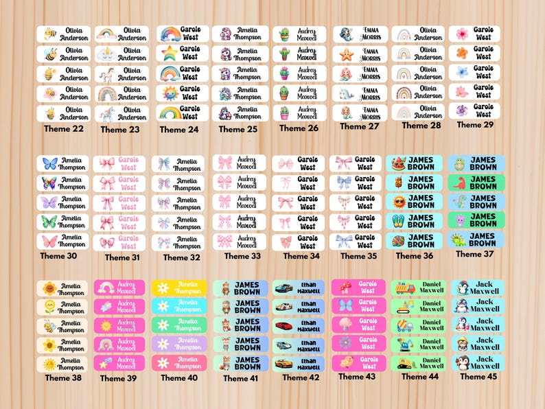 May include: A collection of colorful name labels with various themes. Each label features a name and a decorative image, such as rainbows, butterflies, and cacti. The labels are arranged in rows and columns, with theme numbers displayed.