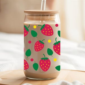Strawberry Libbey Can Glass, Iced Coffee Glass can, Christmas Gift For her, Libbey glass cup, Glass Cup With Lid and Straw, Summer cup