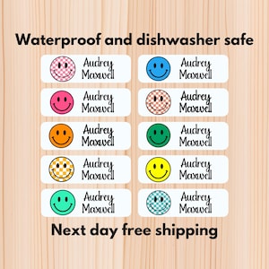 Smiley-Gesichter Wasserdichte Tagespflege Aufkleber, spülmaschinenfeste Aufkleber, Namensaufkleber, Schulbedarf, Namensetiketten, benutzerdefinierte Etiketten, Name für Wasserflasche