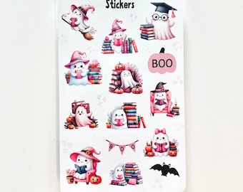 Cute Reading Ghost Stickers for Book Lovers | Spooky Book Club Sticker Sheet | Planner Laptop Journal Vinyl Decals