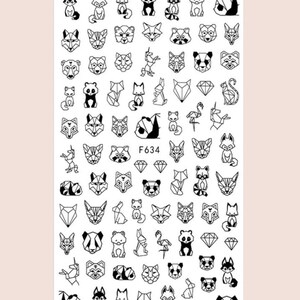 Origami animal nail decals, black nail decals, nail art, gold nail stickers, nail decals, nail stickers sheet, summer vibes gift