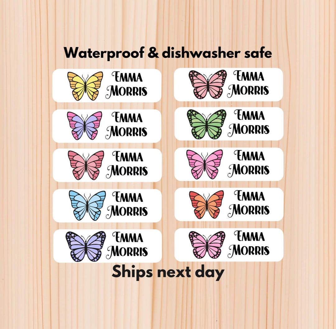 Butterflies Waterproof Daycare Labels - Dishwasher Safe Stickers - Name ...