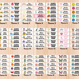 May include: A collection of personalized name labels with various themes. Each label features a name and a decorative image, such as animals, vehicles, and smiley faces. The labels are arranged in rows and columns.