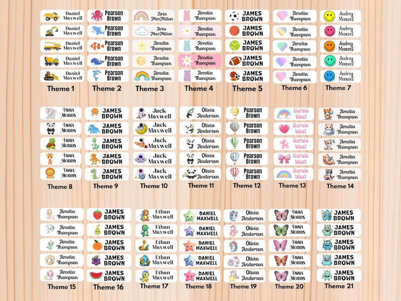 May include: A collection of personalized name labels with various themes. Each label features a name and a decorative image, such as animals, vehicles, and smiley faces. The labels are arranged in rows and columns.