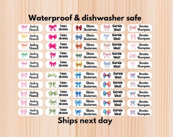 Bow防水デイケアラベル - 食器洗い機対応ステッカー - 学校用品 - カスタマイズ可能な名前ラベル