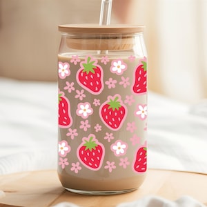 Strawberry Libbey Can Glass, Iced Coffee Glass can, Christmas Gift For her, Libbey glass cup, Glass Cup With Lid and Straw, Summer cup