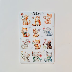 Feuille d'autocollants, autocollant floral chat, autocollants en vinyle brillant, cadeaux d'anniversaire, cadeau pour amoureux des chats, autocollants pour agenda, autocollants de journalisation, agenda
