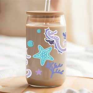 Summer seashells Libbey Can Glass, Summer Iced Coffee Glass can, Gift For her, Christmas Libbey glass cup, Glass Cup With Lid and Straw