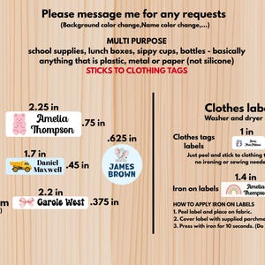 May include: Various sizes of personalized clothing labels with names and cute graphics. Includes labels that are 2.25 inches, 1.7 inches, and 2.2 inches wide. Also includes iron-on labels and clothes tags.