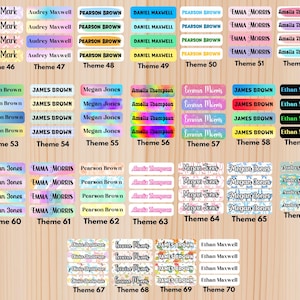 May include: A collection of personalized name labels with various designs and color schemes. The labels feature names like "April Mark," "Audrey Maxwell," and "Pearson Brown." Each label is rectangular, with rounded corners, and includes the theme number.