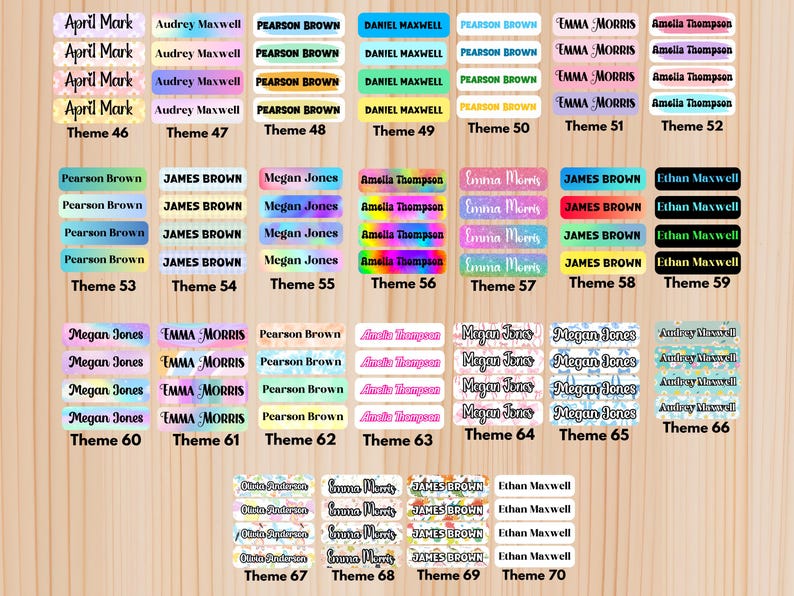 May include: A collection of personalized name labels with various designs and color schemes. The labels feature names like "April Mark," "Audrey Maxwell," and "Pearson Brown." Each label is rectangular, with rounded corners, and includes the theme number.