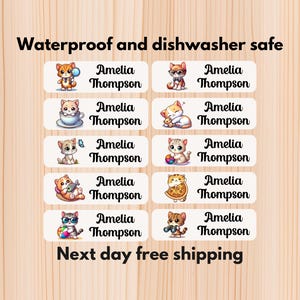Katzen wasserdichte Tagespflege Aufkleber, spülmaschinenfeste Aufkleber, Namensaufkleber, Schulbedarf, Namensetiketten, benutzerdefinierte Etiketten, Wasserflaschenetiketten